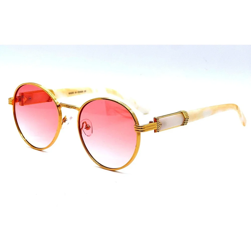 Round Sunglasses Women Gold Frame Pink Lens Fashion Shades Designer Style Lentes
